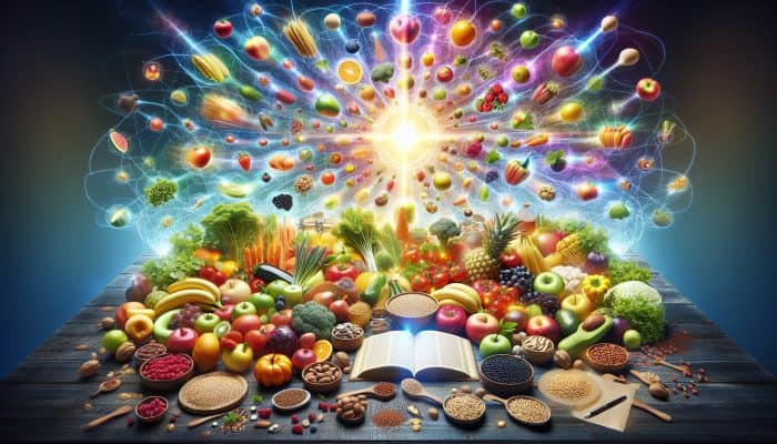 A vibrant table with colourful, nutritious foods and glowing energy orbs symbolising vitality and health.