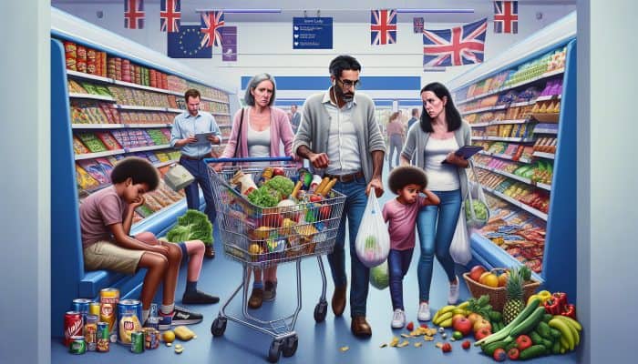 A busy Australian family choosing high-sugar convenience foods over fresh produce in a supermarket.