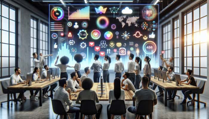 Diverse team analysing performance metrics on a digital screen, showing high morale and productivity.