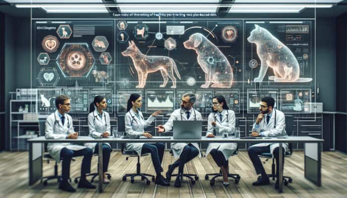 Veterinarians discussing plant-based diets for pets in a clinic, with case study visuals.