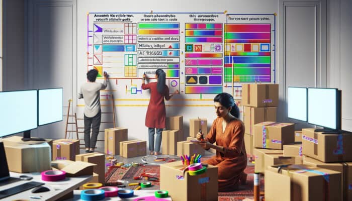 Person organizing room with family, using boxes and tools, guided by a schedule on the wall.