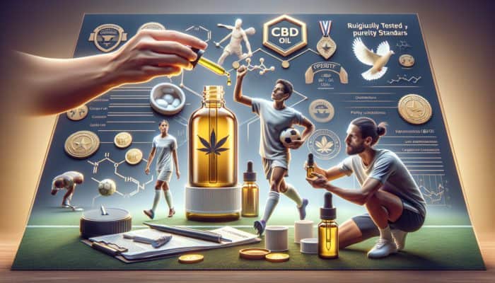 Athlete choosing high-quality CBD oil, adjusting dosage, with sports compliance symbols.