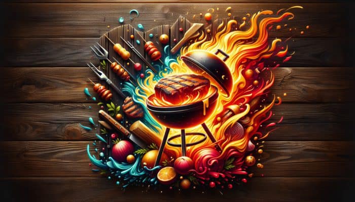 A vibrant BBQ brand logo with a sizzling grill, bold flames, and juicy meat on a rustic wooden background.