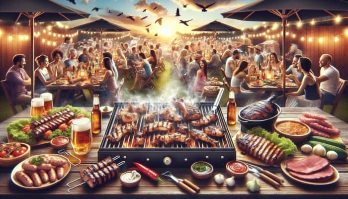 High-quality images of grills, smoked meats, and festive BBQ gatherings, showcasing camaraderie and joy.