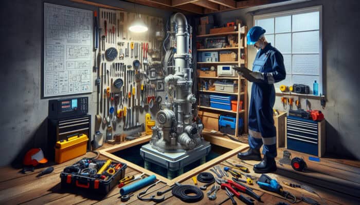 A technician checking a modern sump pump in a West Vancouver basement, surrounded by tools and safety equipment.