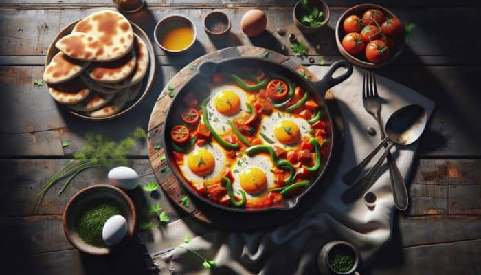 A sizzling pan of Israeli shakshuka with eggs in tomato and pepper sauce, garnished with herbs, served with pita bread.