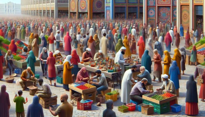A vibrant local market scene with diverse people and artisans crafting hyperlocal products, emphasizing cultural relevance and community interaction.