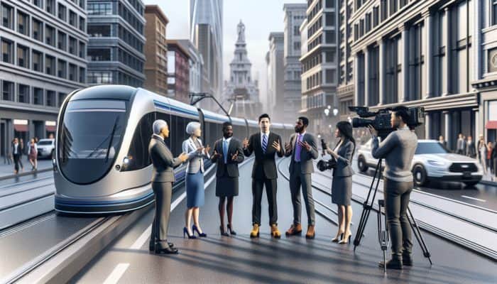 A bustling city street with a new public transport system; experts analyze and discuss, enhancing news with insights.
