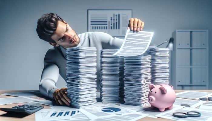 A person reviewing a credit report with financial documents and a piggy bank, enhancing loan application.