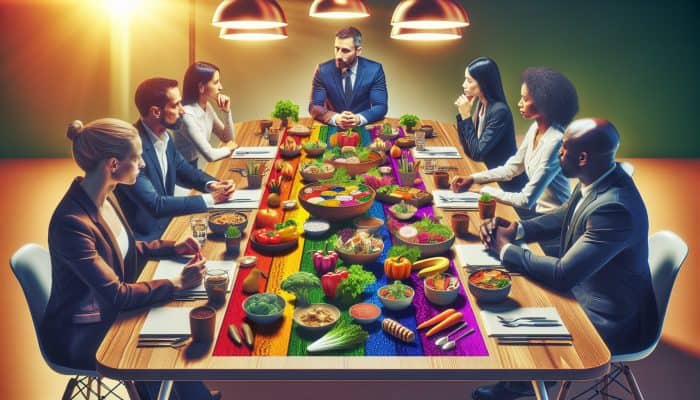 A vibrant selection of vegetarian dishes on a dining table, with experts discussing meal planning strategies in a contemporary setting.