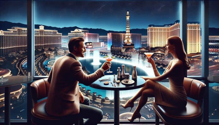A couple enjoying French cocktails at Eiffel Tower Restaurant's bar, overlooking Bellagio Fountains from 1,149 feet above Las Vegas.
