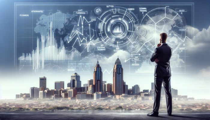 A graph of market fluctuations with a buyer analyzing data against Randburg's skyline.