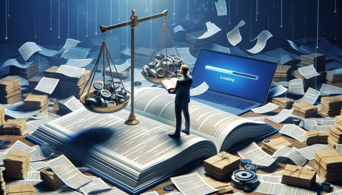 Person at desk with financial documents, reading debt consolidation guide, laptop open to loan application site.