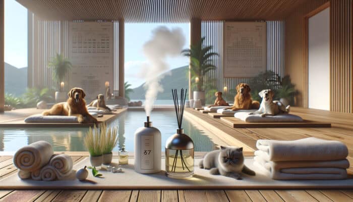 Pets in a serene spa setting with aromatherapy perfumes for relaxation and wellness.
