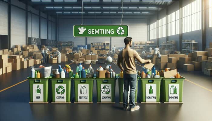 Person sorting items into bins for keeping, recycling, donating, disposing, using eco-friendly products, at a community center.
