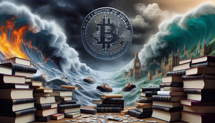 A volatile cryptocurrency graph contrasted with calm debt consolidation paperwork and a UK regulatory seal.