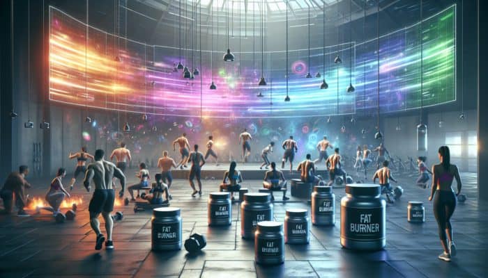 Athletes in a gym with fat burner supplements, expert analysis on a glowing screen.