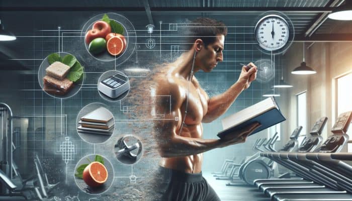 A person using a food diary, scale, and body fat caliper in a gym to evaluate fat burners.