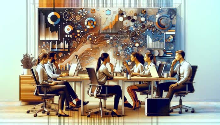 A modern office with professionals analyzing SEO analytics and user intent graphs on a digital screen.