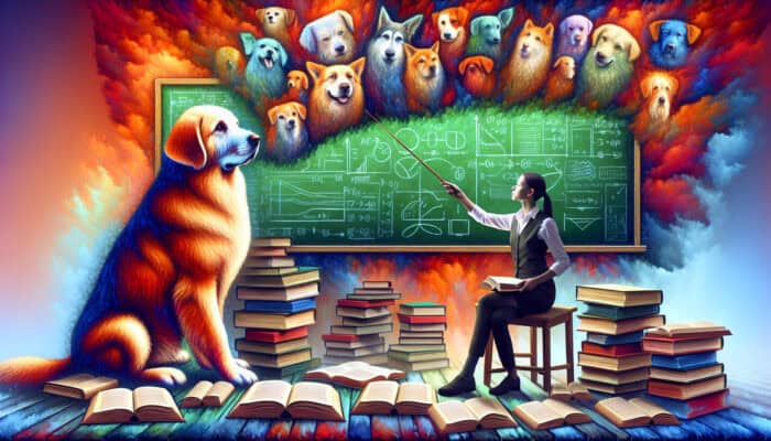 A wise old dog learning new tricks in a colorful classroom with a young trainer.