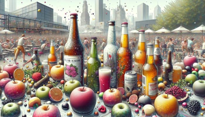A vibrant craft cider festival with diverse bottles of innovative flavors like elderflower and hibiscus in a modern urban setting.