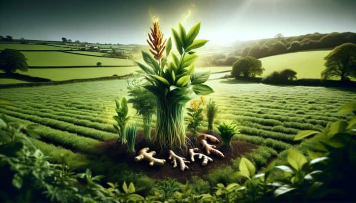 UK countryside scene with glowing turmeric and ginger herbs, symbolising anti-inflammatory effects.