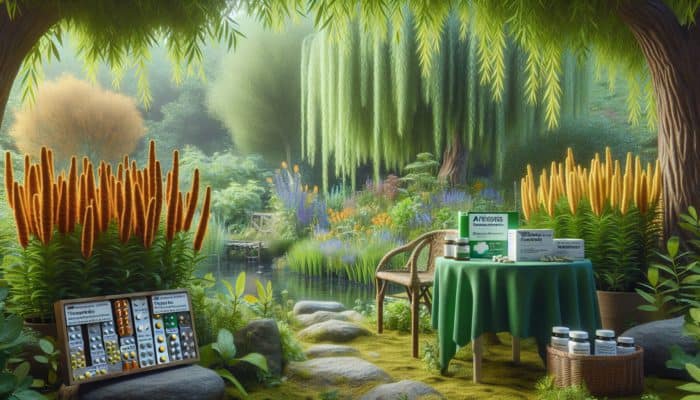 A UK herbal garden with turmeric and willow, alongside arthritis medications, symbolising integrated treatment under professional guidance.