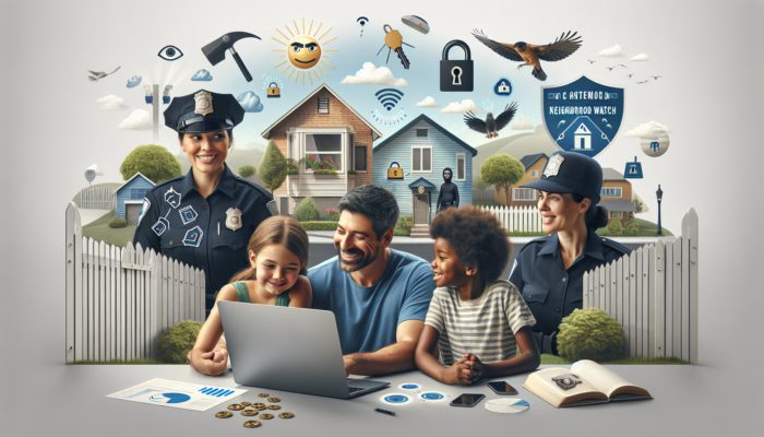 Family reviewing crime stats on laptop, talking to police officer in safe, well-lit neighborhood with active watch signs.