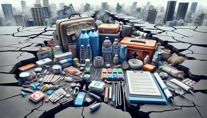 Earthquake survival kit with essentials like water, food, first aid, and tools, against a cracked urban landscape.
