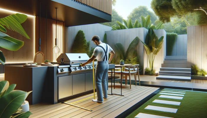 A person measuring a modern grill with a tape measure in a stylish outdoor kitchen surrounded by greenery.
