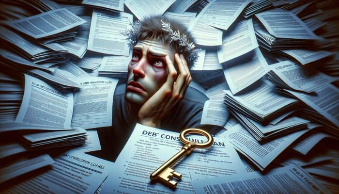 Person with worried expression reviewing high-interest loans, contrasted by clear debt consolidation offer, symbolizing relief for bad credit borrowers.