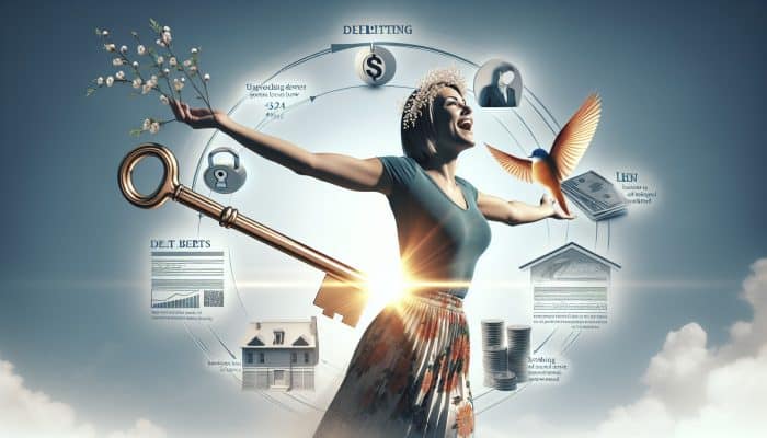 Sarah celebrating debt freedom with documents and rising credit score graph, symbolizing successful debt consolidation.