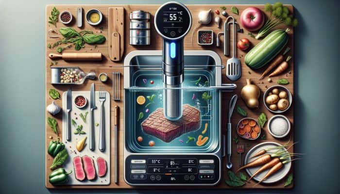 Sous vide machine cooking steak at 55°C and vegetables at 85°C, with simple recipes nearby.