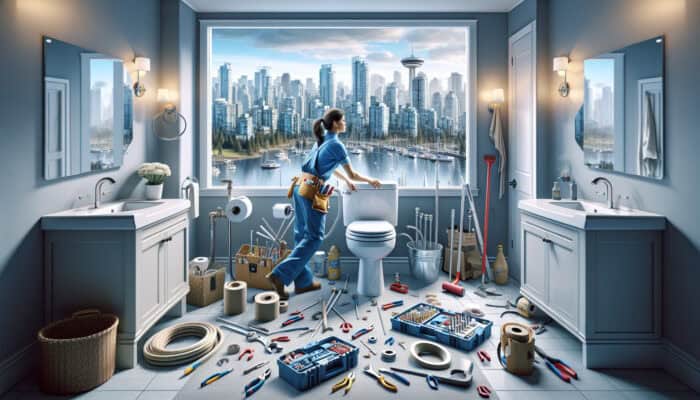 Plumber in blue uniform repairing modern toilet in stylish North Vancouver bathroom, tools around, city skyline view.