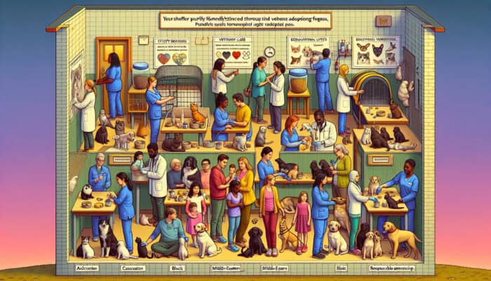 A bustling shelter scene with staff attending to animals, adoptions, and educational workshops, all funded by adoption fees.