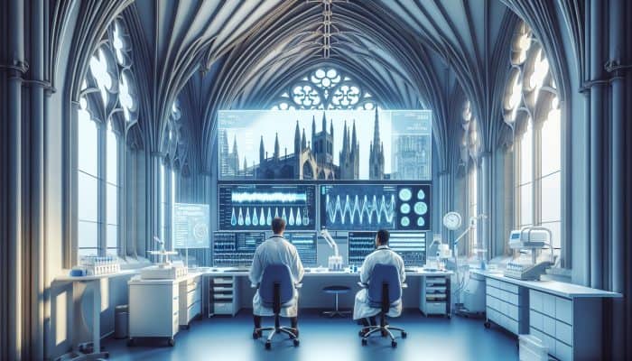 Illustration of testosterone blood testing in a modern Hereford clinic with expert analysis and cathedral views.