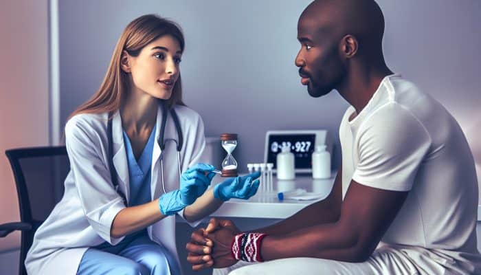 A friendly nurse reassuring a patient before a testosterone test in a Hereford clinic, with quick result times.