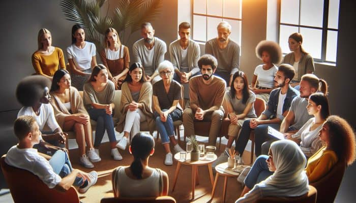 A diverse group engaged in a discussion about therapy in a cozy, inviting room, guided by a professional therapist.
