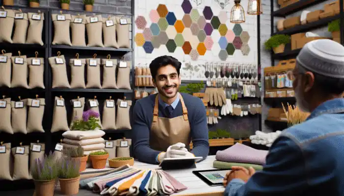 A Runcorn shopkeeper at a garden center advising a customer on cotton gloves for gardening.