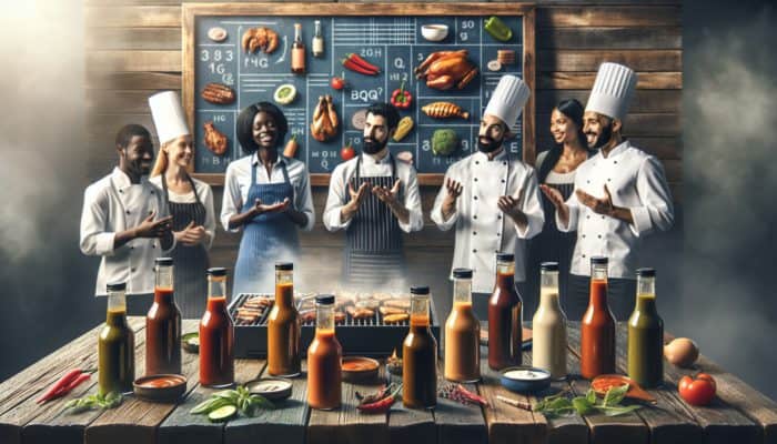Bottles of Worcestershire sauce on a rustic table, expert chefs tasting, BBQ grill in background.