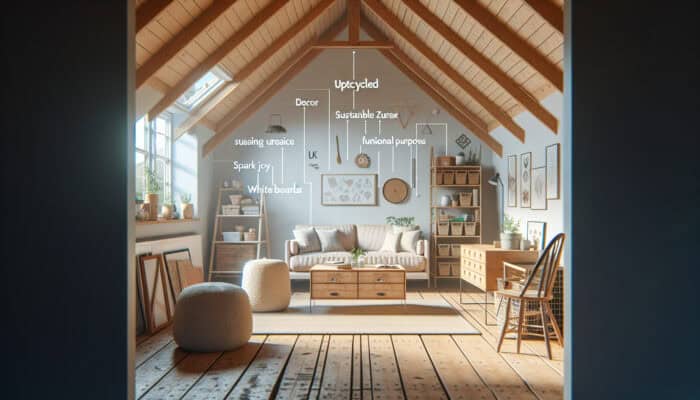 A minimalist attic with upcycled furniture and decor, showcasing sustainable trends in the UK.