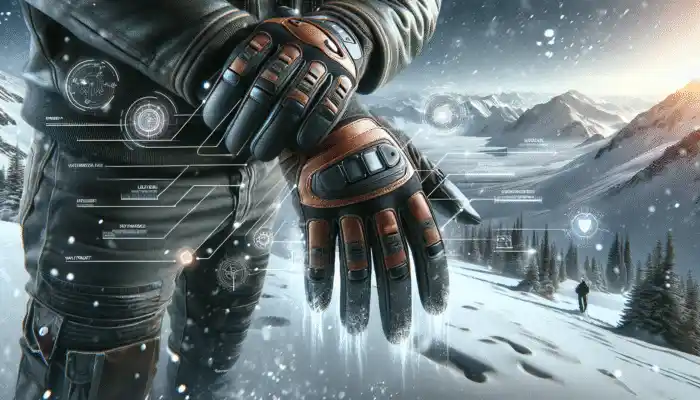 Person wearing leather gauntlet gloves with reinforced palms in snowy mountains, showcasing perfect fit and waterproof design.