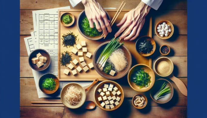 Bowls of miso paste, seaweed, green onions, and tofu on a wooden table, arranged by a chef's hands for miso soup preparation.