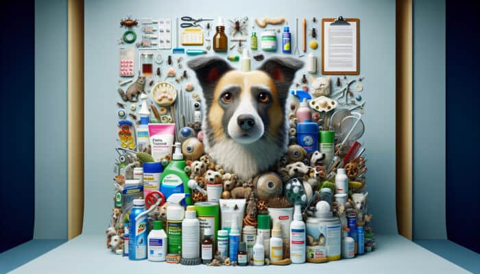 A pet with various flea control products, showing the complexity and risks of combination therapies.