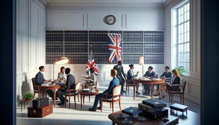 UK probate office scene with experts discussing advanced clearance tips amidst legal documents and a British flag.