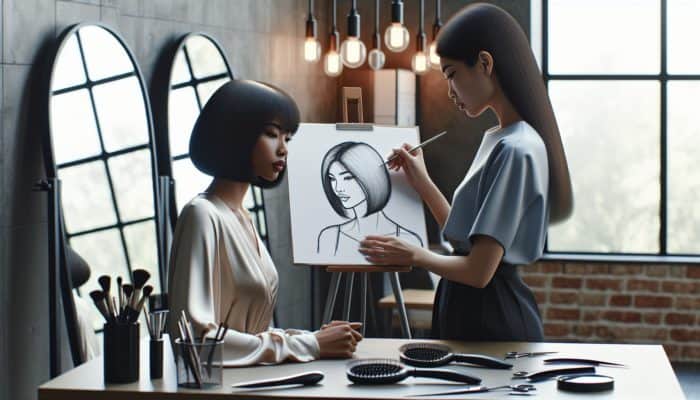A stylist consults a client, sketching jawline bob contours, with styling tools and a mirror.
