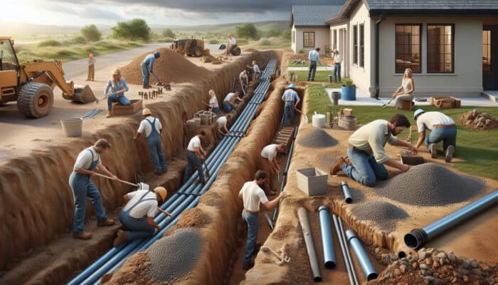 A site assessment and installation of a perimeter drainage system with trenches, pipes, gravel, and grading.