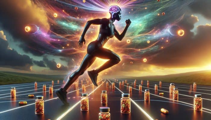 Athlete running on futuristic track, enhanced by glowing nootropic supplements, under dynamic sky.