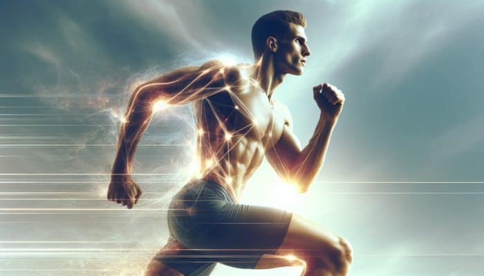 Athlete running on track, energized and focused, with a glow symbolizing nootropic effects.