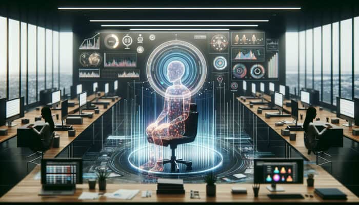 A virtual assistant in a modern office, gathering email management insights from expert holograms displayed on digital screens.